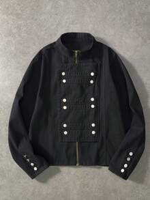 ROMWE MEN Men's Solid Color Stand Collar Casual Versatile Daily Denim Jacket - Black - View 1