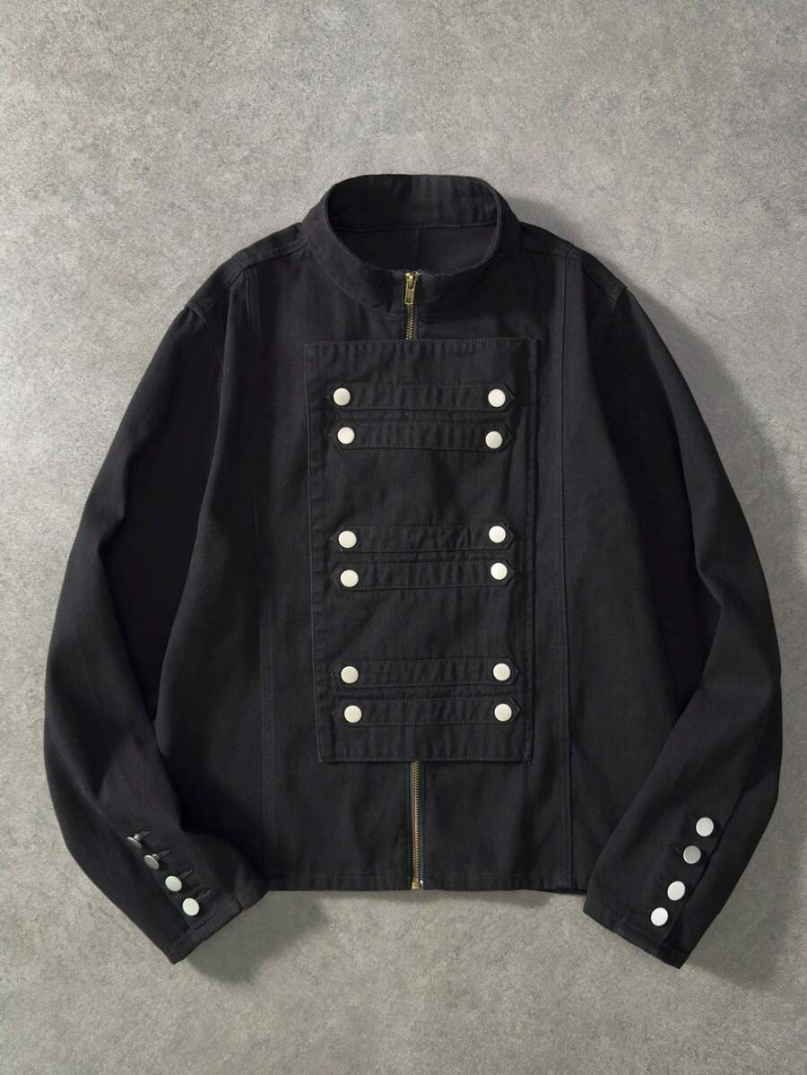 ROMWE MEN Men's Solid Color Stand Collar Casual Versatile Daily Denim Jacket - Black - View 1