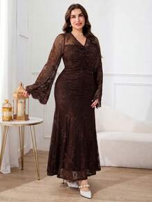 Modelyn Plus Size Elegant Party Solid Color Lace Flare Sleeve Dress - Coffee Brown - View 6
