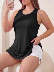 SHEIN Dewbera Plus Size Women's Sports Tank Top 2 Pieces Set Gym Pilates Black Light Pink Summer - Multicolor - View 4
