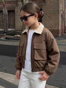 DAZY Jaket Musim Dingin Kasual Lengan Panjang dengan Kerah Warna Kontras untuk Remaja Perempuan - Coklat - View 5