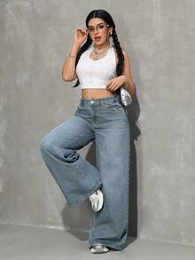 SHEIN Tall 女款時尚百搭鈕扣口袋寬鬆寬腿牛仔褲 - 淺色水洗藍 - 查看 6