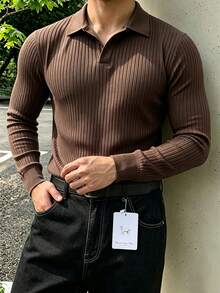 JOLTRO 男士休閒百搭純色長袖 Polo 衫 - 鏽棕色 - 查看 3