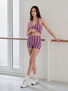 Nöista Part Of A Set. High-Waist Shorts In Burgundy And Lavender Multi Stripe Print. Perfect For Activewear, Barre, Yoga, Workout And Gym., Back To School - Purple - View 4