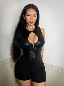 BamGleam 女款性感 PU鏤空拉鍊背心上衣 - 彩色 - 查看 2