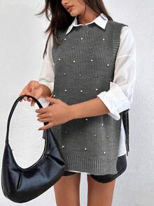 EURMUSE Round Neck Sleeveless Sweater With Pearls - Dark Grey - View 3