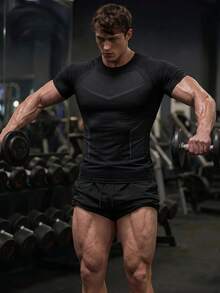 GymBeat 男士纯色休闲百搭日常运动T恤，健身 - 黑色 - 查看 3