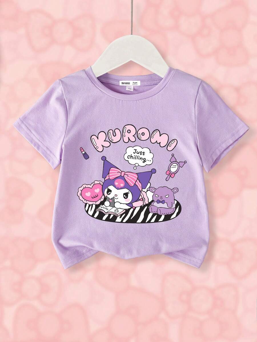 HELLO KITTY AND FRIENDS | SHEIN Kaos Lengan Pendek Motif Kasual untuk Anak Perempuan, Cocok untuk Musim Panas - Violet Purple - View 1