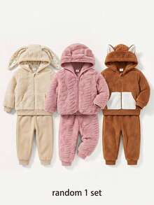 Cozy Pixies 女嬰連帽抓絨外套與護肚長褲 2 件套，中厚款 - 粉色 - 查看 1