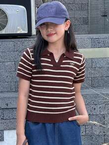 Dazy Kids Tween Girl Striped Patchwork Bow Pattern Casual Everyday Knit Top - Brown - View 1