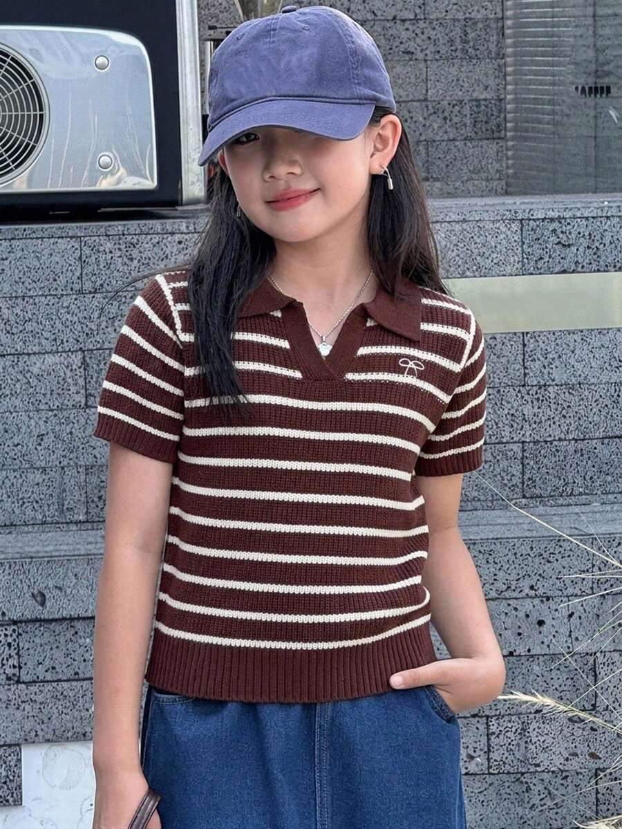 Dazy Kids Tween Girl Striped Patchwork Bow Pattern Casual Everyday Knit Top - Brown - View 1