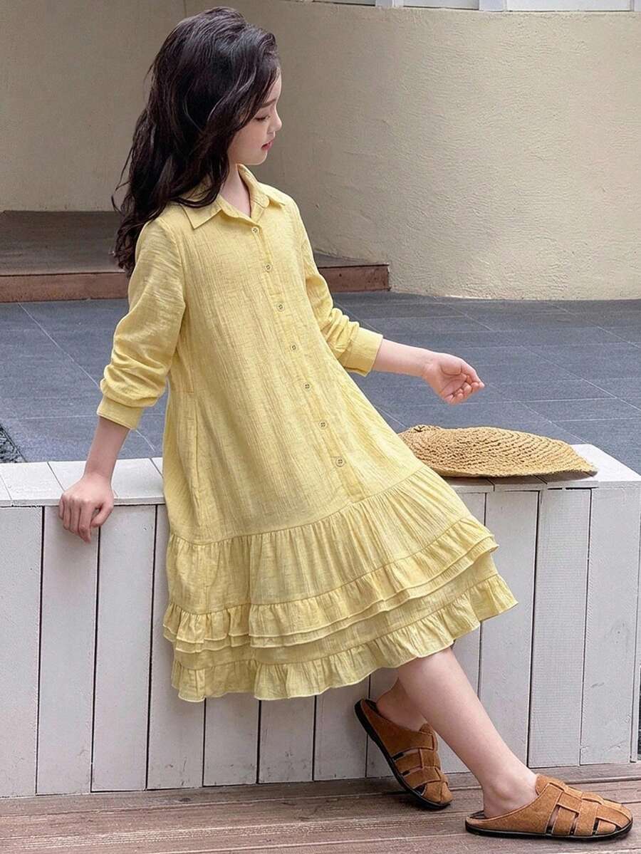 DAZY Vestido de manga larga con volantes sueltos y corte A para niñas preadolescentes en otoño (Talla grande) - Amarillo - Ver 1