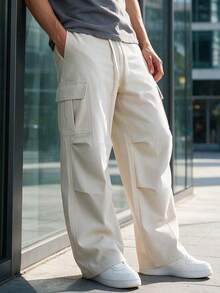 Manfinity Dauomo Men's Solid Color Drawstring Waist Cargo Wide Leg Loose Fit Long Pants - Apricot - View 4