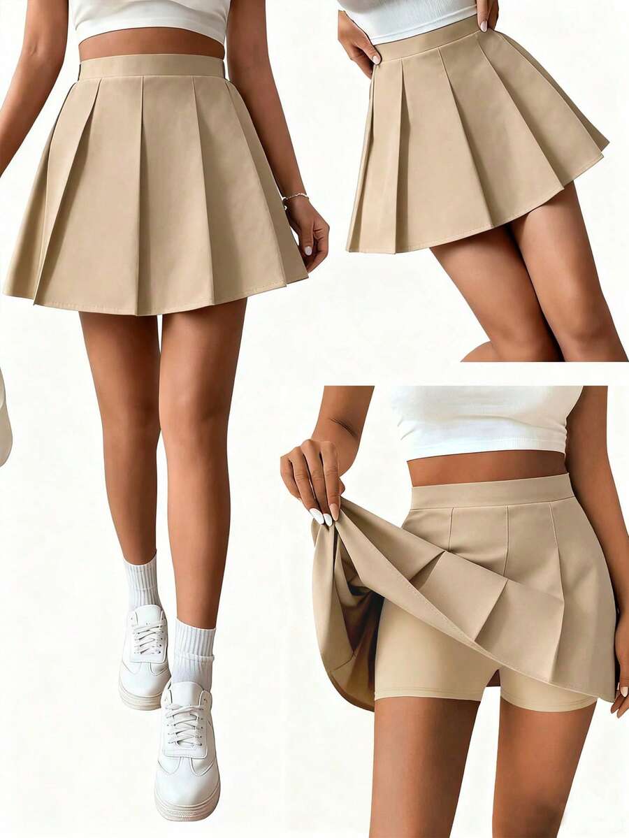 SHEIN 青少年女孩優雅百褶高腰裙,內建安全短褲,2合1裙褲,四季百搭,可搭配襯衫、短/長袖T恤、Polo衫、衛衣、棒球球衣、夾克、大衣 - 卡其色 - 查看 1