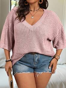 SHEIN CURVE+ Plus Size Solid Color V-Neck Hollow Out Short Sleeve Loose Casual Pullover Sweater For Women, Suitable For Spring Summer Date Night Holiday Dusty Pink - Dusty Pink - View 5