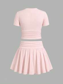 SHEIN Tween Girl 3 Pieces Set Multi-Color Black White Pink Short Sleeve Skirt Outfit - Multicolor - View 8