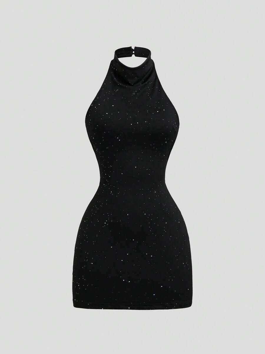 Sweetra Sexy Backless Halter Neck Tie-Up Fitted Sequin Dress - Black - View 1