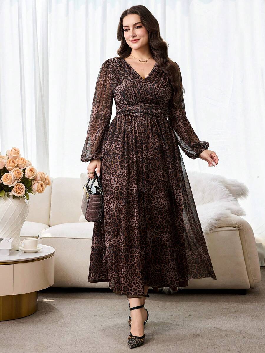 Modelyn Plus Size Women's V-Neck Leopard Print Pleated Casual Daily Wear Dress - Multicolor - View 1