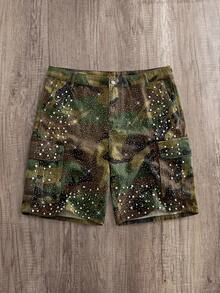 Manfinity Joysei Plus Size Men's Summer Casual Fashion Street Camo Print Rhinestone Faux Pearl Decor Flap Pocket Denim Cargo Shorts - Army Green - View 1