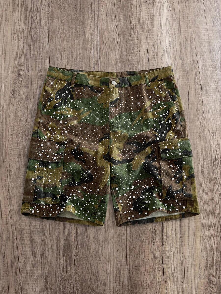 Manfinity Joysei Plus Size Men's Summer Casual Fashion Street Camo Print Rhinestone Faux Pearl Decor Flap Pocket Denim Cargo Shorts - Army Green - View 1