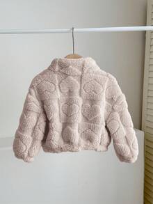 SHEIN LMoss Kids LMoss 女嬰可愛休閒毛絨立領夾克，愛心圖案，適合秋冬穿著 - 卡其色 - 查看 11