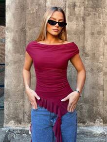 BiaLiraa Women's Casual Music Festival Off The Shoulder Mesh Ruffle Asymmetrical Hem Tops Summer - Burgundy - View 6