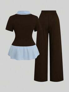 SHEIN Clasi 大尺碼女款純色對比拼接翻領短袖修身優雅日常 2 合 1 襯衫 T-shirt + 寬鬆休閒百搭長褲 2 件套 - 棕色 - 查看 2