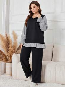 Lacomfia Autumn/Winter Elegant Loose Versatile V-Neck Pullover Floral Sleeve Patchwork Waist-Cinched Drape Pants Plus Size Women 2-Piece Set - Multicolor - View 4
