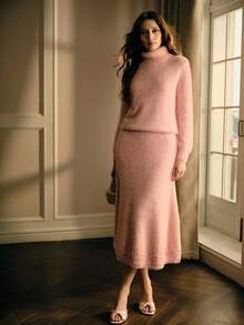 MOTF PREMIUM WOMEN SOLID FLUFFY KNIT SWEATER & FAUX PEARLS MERMAID SKIRT SET - Pink - View 6