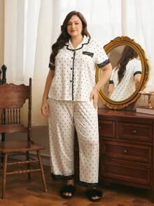 Côtesoire Plus Size French Elegant Polka Dot Print Knit Fabric, Contrast Color Lace Patchwork Short Sleeve Long Pants Pajama Set - Black and White - View 3