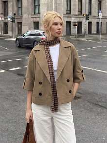 Struktiv Women's Spring/Summer Casual Khaki Double-Breasted Mid-Sleeve Short Trench Coat Jacket, Suitable For Travel, Daily Wear And Commuting - Khaki - View 1