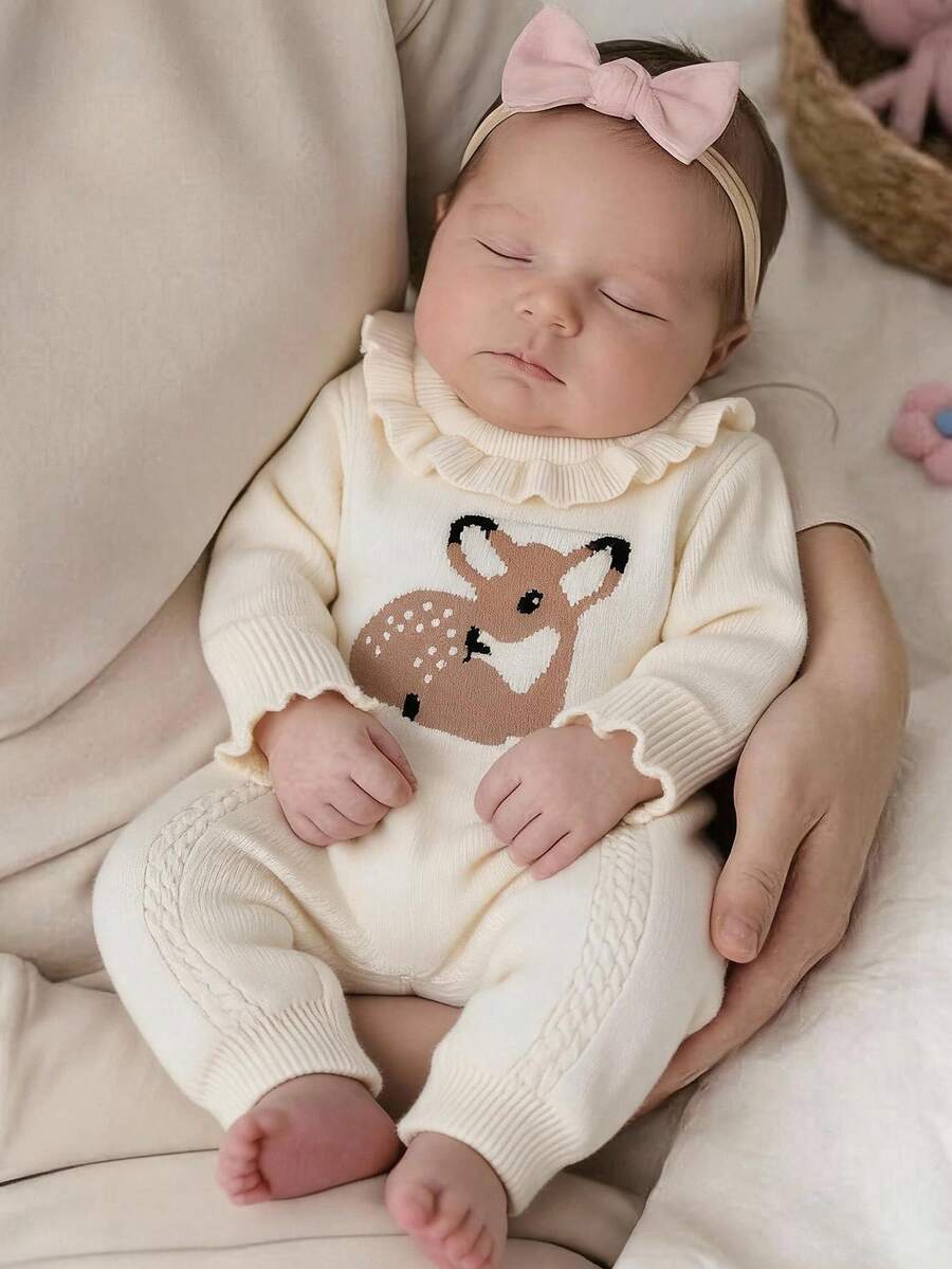 SHEIN Infant Newborn Baby Knitted Romper, One-Piece Autumn Jumpsuit, Deer Pattern, Soft And Comfortable - Apricot - View 1