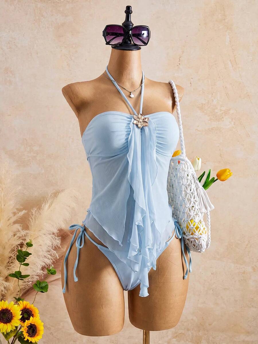 Bellisia 26SS Spring/Summer Vacation Mint Green Spaghetti Strap Floral Flowy Mesh Tank Top & Bikini Two Pieces Set - Blue - View 1