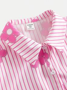 Firerie Kids Tween Girls' Fashion Casual Summer Commute Collared Woven Striped Floral Patchwork Ruched A-Line Dress, Back To School & Graduation Season - Pink - View 3