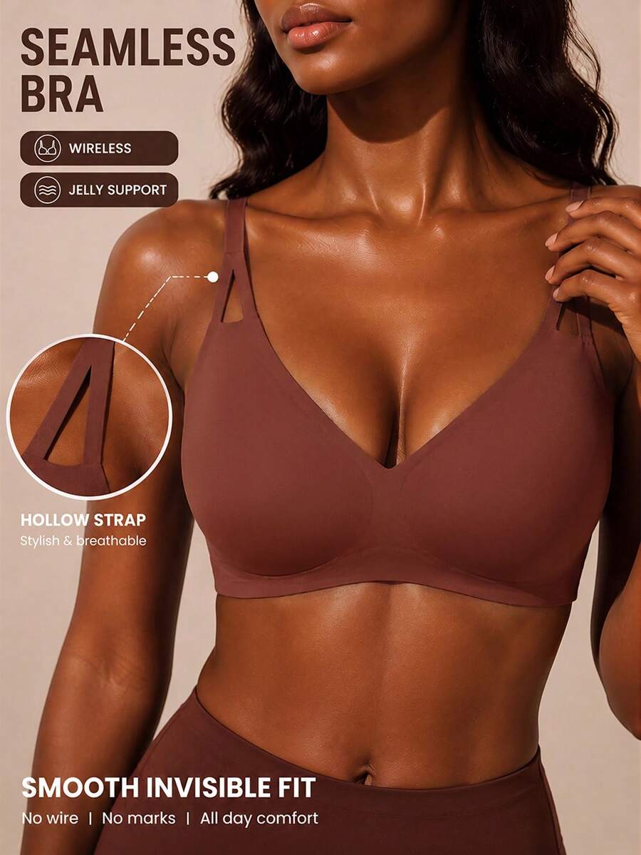 SHEIN Women's Casual Seamless Wireless V-Neck Bra With Slight Stretch Fabric - Coffee Brown - View 1