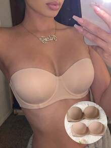 Rovax 2pcs/Set Women's Solid Color Simple Casual Wire-Free Bra - Apricot - View 1