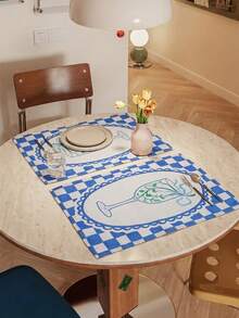 SHEIN 1 Piece, 2 Pieces, 4 Pieces, 6 Pieces, French Pastoral Blue And White Checkerboard Placemat, Linen Fabric Goblet Printed Thermal Insulation Mat, Restaurant Western Food Decorative Table Mat - Blue - View 1