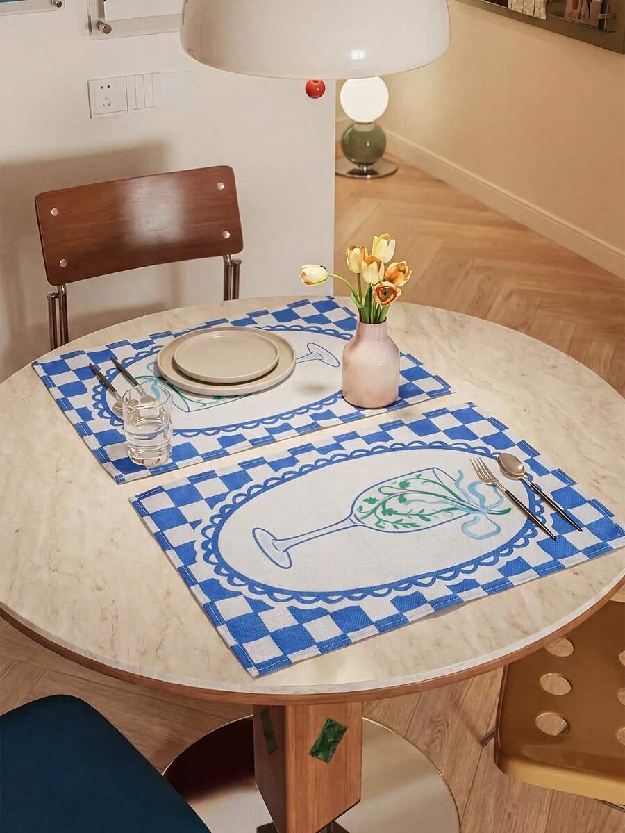 SHEIN 1 Piece, 2 Pieces, 4 Pieces, 6 Pieces, French Pastoral Blue And White Checkerboard Placemat, Linen Fabric Goblet Printed Thermal Insulation Mat, Restaurant Western Food Decorative Table Mat - Blue - View 1