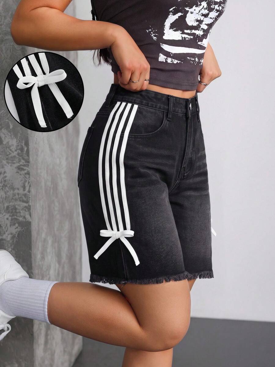 SHEIN 少女侧边蝴蝶结黑色牛仔宽松短裤 - 黑色 - 查看 1