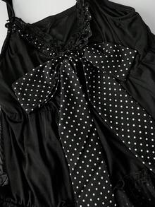 ROMWE Kawaii Tank Top Wanita Model A-Line Hitam Bergaya Boneka Lucu dengan Motif Polkadot dan Pita Berkerut - Hitam - View 3