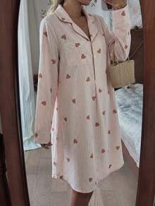 CottageSlumber Collared Striped Heart Print Cute Long Sleeve Women Nightgown - Multicolor - View 7