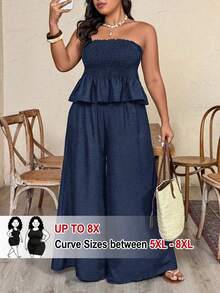 SHEIN CURVE+ Plus Size Women's Spring/Summer Vacation Style Crinkle Fabric Shirred Bandeau Top And Draped Wide Leg Pants 2-Piece Set - Navy Blue - View 1