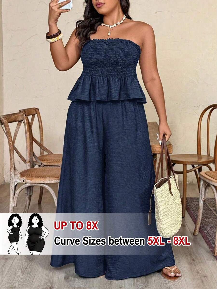 SHEIN CURVE+ Plus Size Women's Spring/Summer Vacation Style Crinkle Fabric Shirred Bandeau Top And Draped Wide Leg Pants 2-Piece Set - Navy Blue - View 1