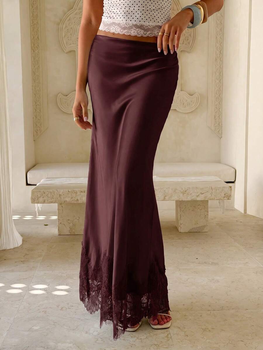 Aloruh Women's Lace Patchwork Casual Versatile Daily Skirt - Burgundy - View 1