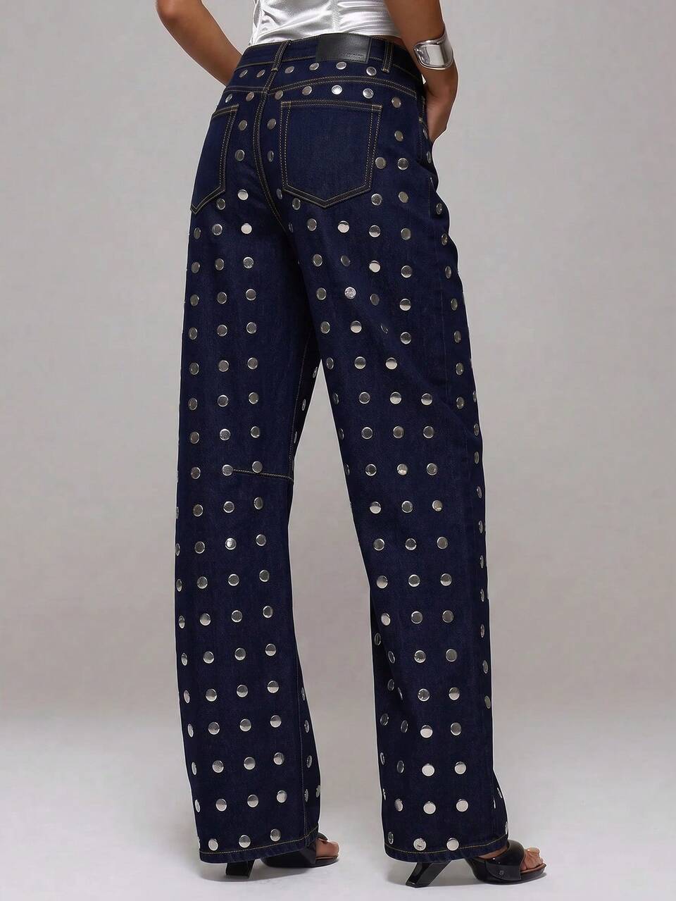 Mid Rise Mirror Studded Baggy Fit Straight Leg Jeans Winter Night Out Elegant Sexy Party Occasion Premium Midnight Alloy Spring Summer
