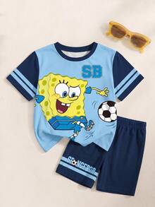 SpongeBob SquarePants | SHEIN 男童字母卡通印花圆领短袖T恤和短裤休闲日常穿搭 - 白色 - 查看 1