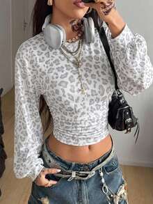 Coolane Sudadera corta de mujer con cuello redondo, manga larga, fruncida y estampado de leopardo - Gris Claro - Ver 4