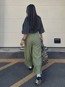Coolane 女款大尺碼夏秋度假休閒街頭波西米亞風套裝，寬鬆抽繩腰長褲搭配蕾絲內褲，鼠尾草綠正式風 - 薄荷綠 - 查看 8