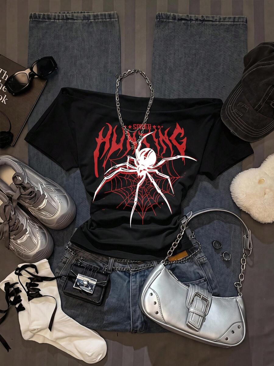 SHEIN EZwear 休閒極簡電影蜘蛛熱銷款蜘蛛印花女款休閒收腰方領修身短袖T恤,適合夏季、萬聖節、派對、聚會、返校季 - 黑色 - 查看 1