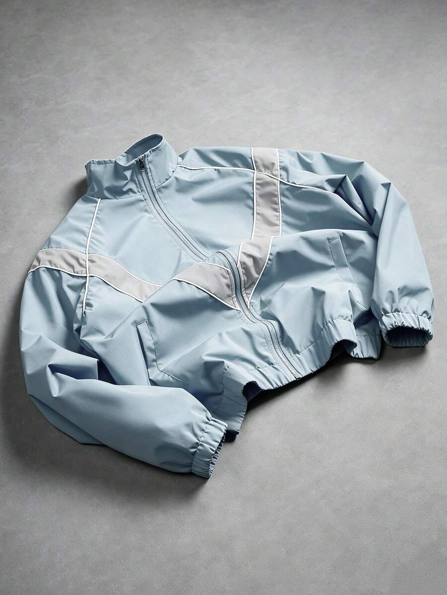 PAVTROS Men's Stand Collar Contrast Color Jacket Zipper Outerwear - Baby Blue - View 1